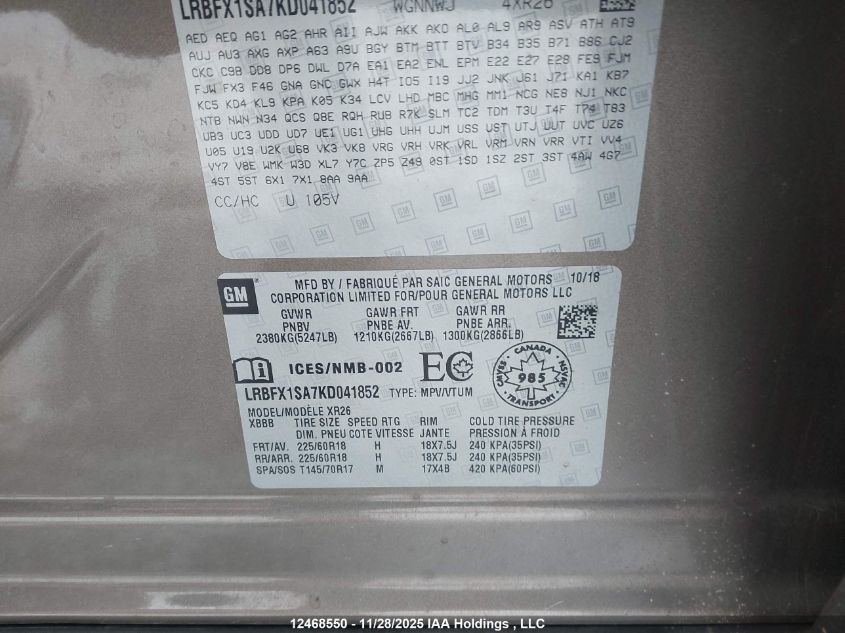 2019 Buick Envision Preferred VIN: LRBFX1SA7KD041852 Lot: 12468550