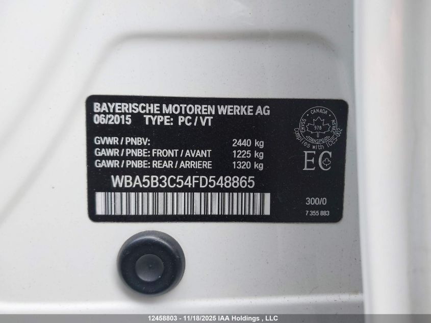 2015 BMW 535I xDrive VIN: WBA5B3C54FD548865 Lot: 12458803X