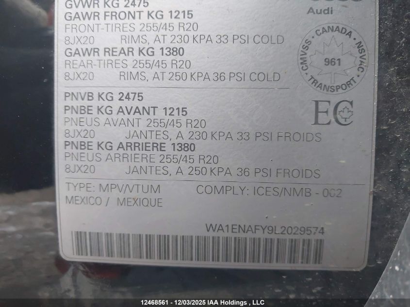 2020 Audi Q5 45 Progressiv VIN: WA1ENAFY9L2029574 Lot: 12468561