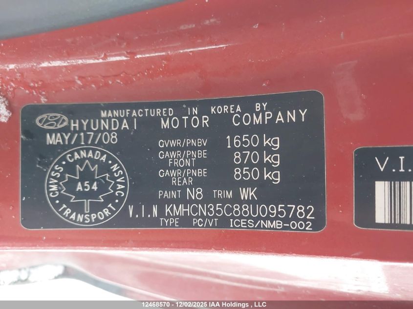 2008 Hyundai Accent VIN: KMHCN35C88U095782 Lot: 12468570