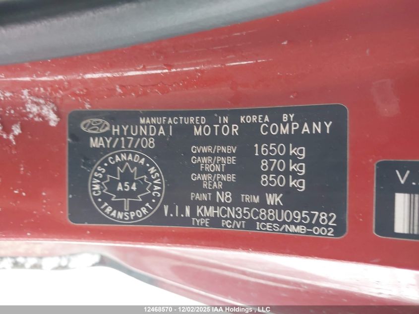 2008 Hyundai Accent VIN: KMHCN35C88U095782 Lot: 12468570