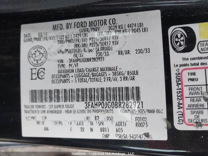 2011 Ford Fusion Sel VIN: 3FAHP0JG0BR282921 Lot: 12458004X