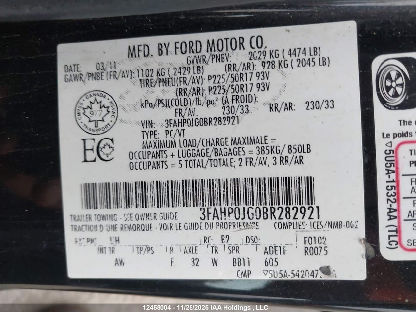 2011 Ford Fusion Sel VIN: 3FAHP0JG0BR282921 Lot: 12458004X