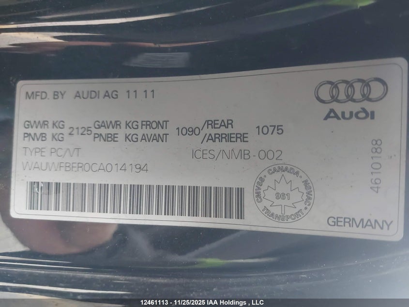 2012 Audi A5 2.0T Premium Plus VIN: WAUWFBFR0CA014194 Lot: 12461113X