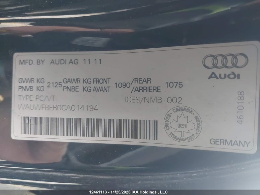 2012 Audi A5 2.0T Premium Plus VIN: WAUWFBFR0CA014194 Lot: 12461113X