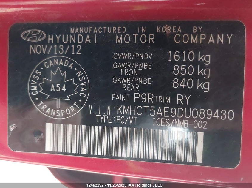 2013 Hyundai Accent Gl VIN: KMHCT5AE9DU089430 Lot: 12462292X