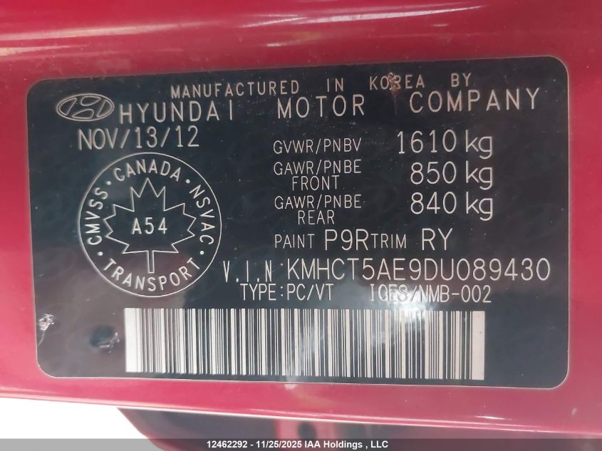 2013 Hyundai Accent Gl VIN: KMHCT5AE9DU089430 Lot: 12462292X