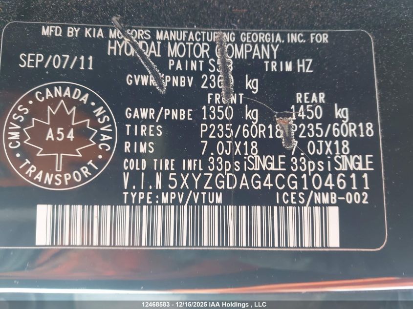 2012 Hyundai Santa Fe Gls VIN: 5XYZGDAG4CG104611 Lot: 12468583