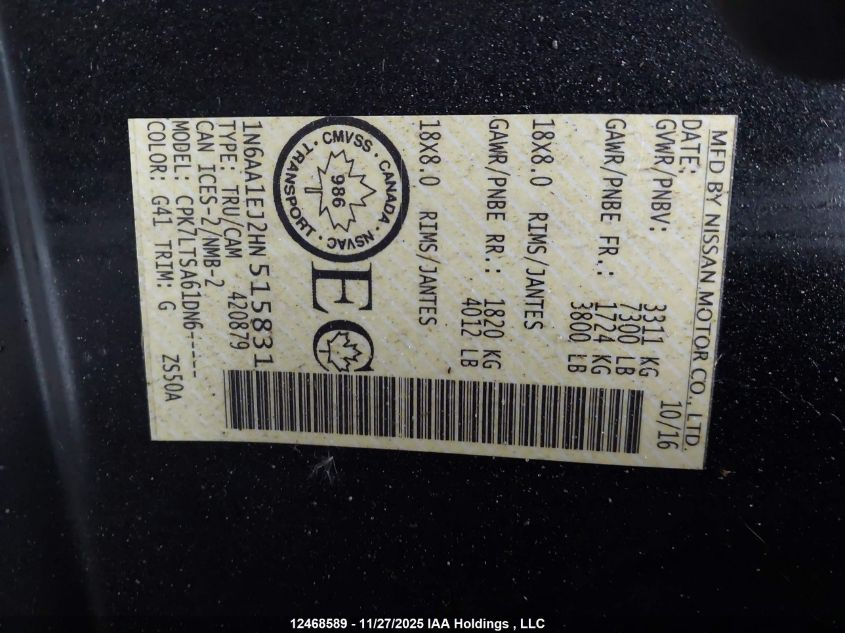 2017 Nissan Titan Platinum Reserve/Pro-4X/S/Sl/Sv VIN: 1N6AA1EJ2HN515831 Lot: 12468589