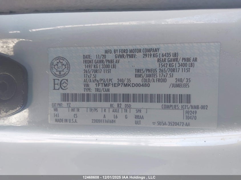 1FTMF1EP7MKD00480 2021 FORD F-150 photo no. 9