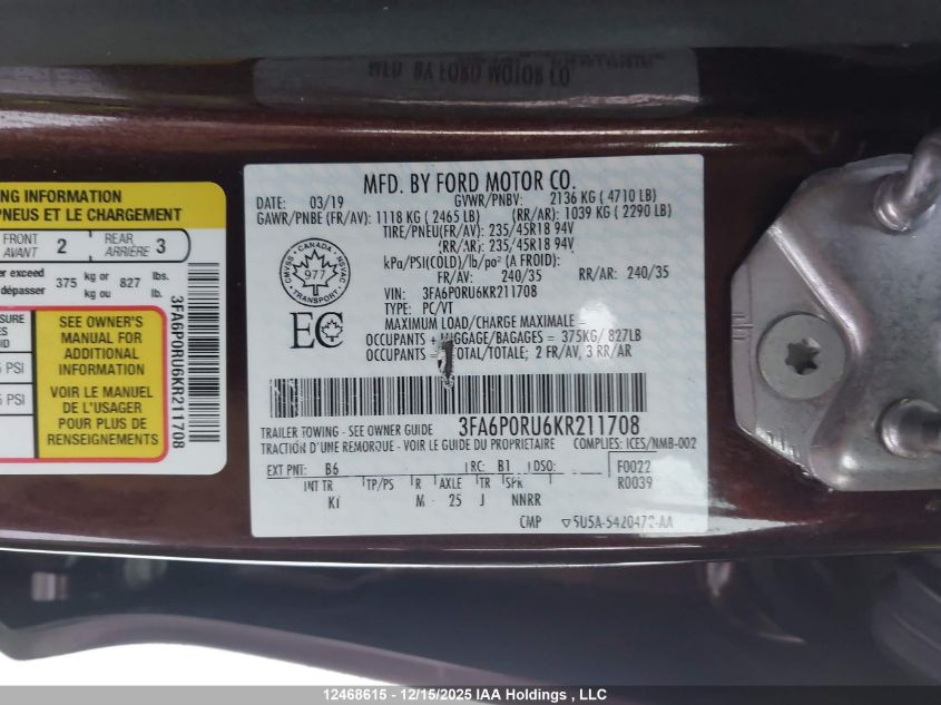 2019 Ford Fusion Hybrid Titanium VIN: 3FA6P0RU6KR211708 Lot: 12468615