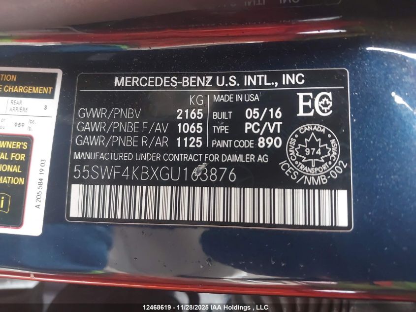 2016 Mercedes-Benz C 300 4Matic VIN: 55SWF4KBXGU163876 Lot: 12468619