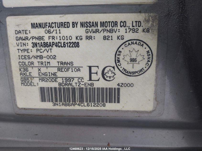 2012 Nissan Sentra 2.0/2.0S/Sr/2.0Sl VIN: 3N1AB6AP4CL612208 Lot: 12468623