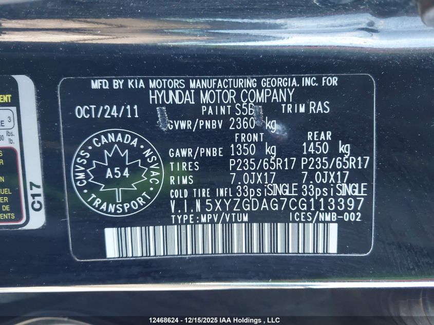 2012 Hyundai Santa Fe Gls VIN: 5XYZGDAG7CG113397 Lot: 12468624
