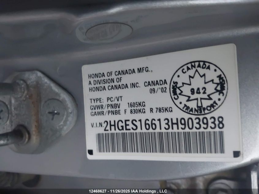 2003 Honda Civic Lx VIN: 2HGES16613H903938 Lot: 12468627