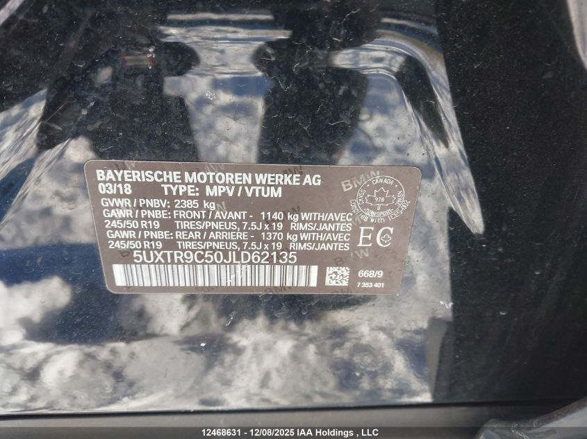 2018 BMW X3 3.0I VIN: 5UXTR9C50JLD62135 Lot: 12468631