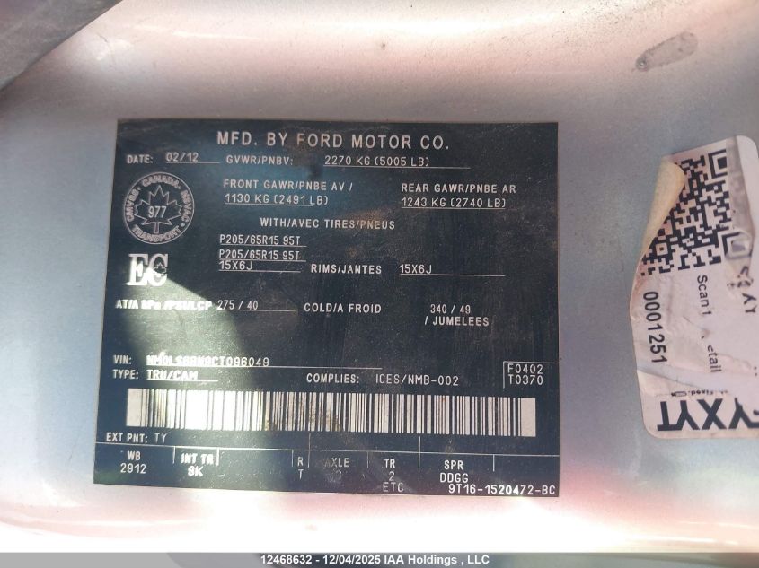 2012 Ford Transit Connect VIN: NM0LS6BN9CT096049 Lot: 12468632