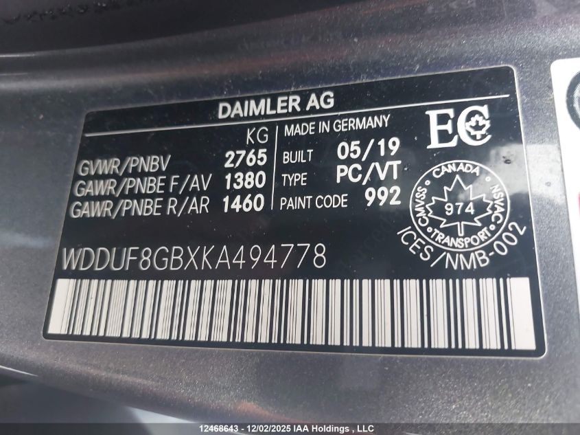 2019 Mercedes-Benz S 560 4Matic VIN: WDDUF8GBXKA494778 Lot: 12468643