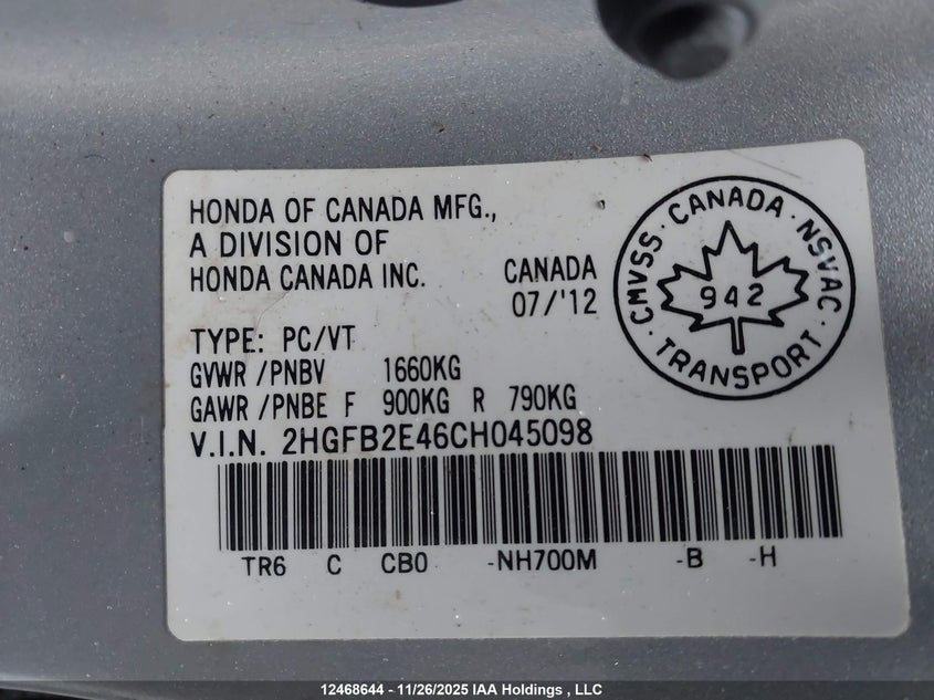 2HGFB2E46CH045098 2012 HONDA CIVIC photo no. 9
