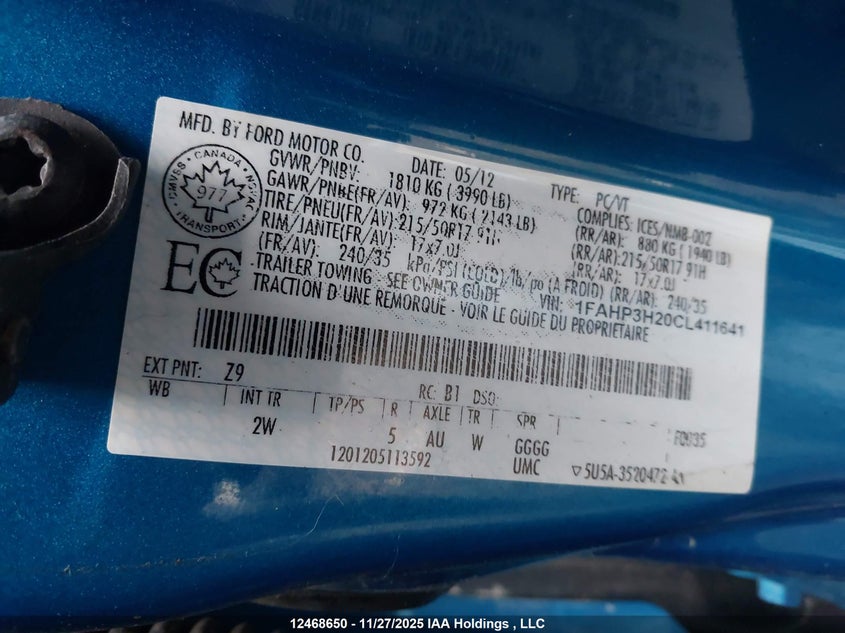 1FAHP3H20CL411641 2012 FORD FOCUS photo no. 9