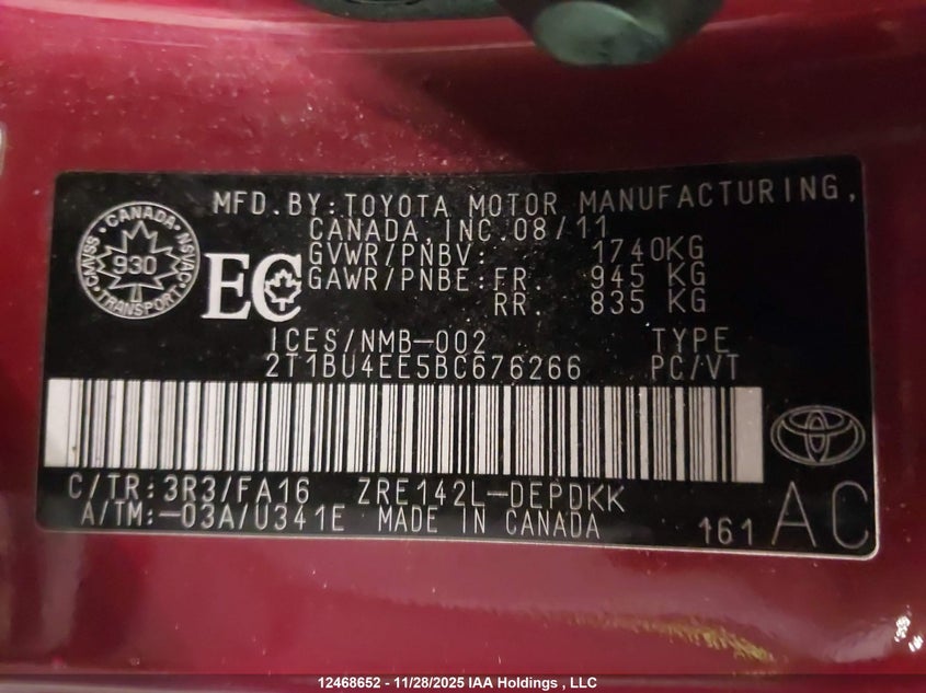 2T1BU4EE5BC676266 2011 TOYOTA COROLLA photo no. 9