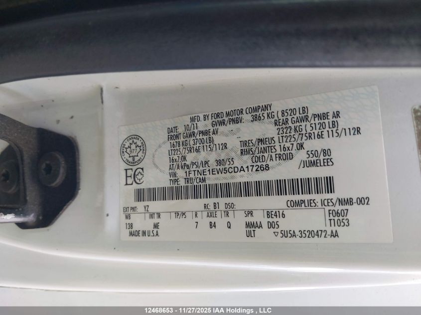 2012 Ford Econoline E150 Van VIN: 1FTNE1EW5CDA17268 Lot: 12468653