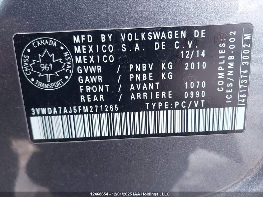 3VWDA7AJ5FM271265 2015 VOLKSWAGEN JETTA photo no. 9