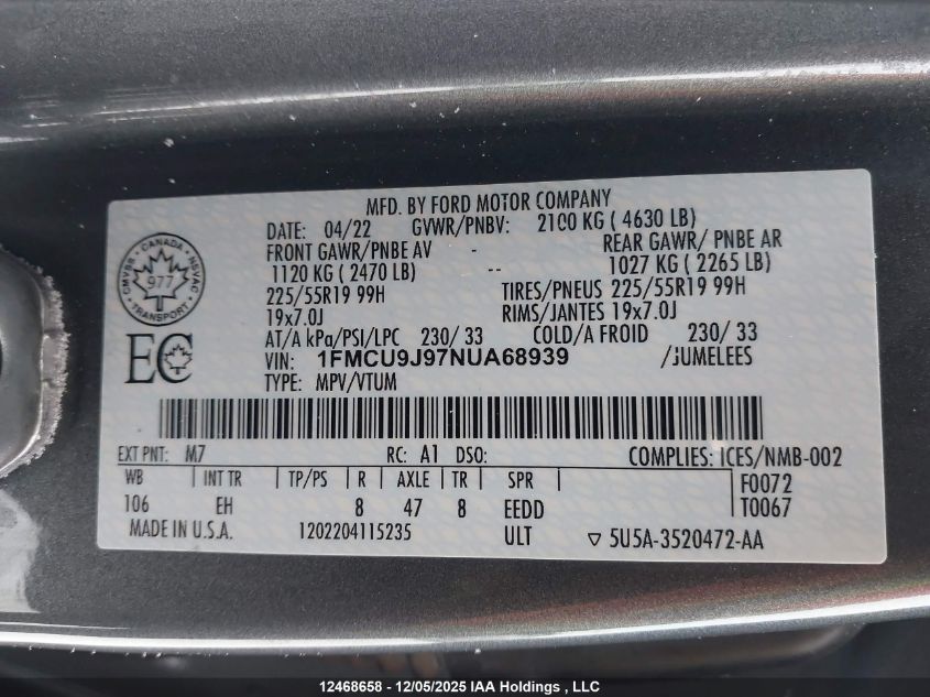 2022 Ford Escape Titanium VIN: 1FMCU9J97NUA68939 Lot: 12468658