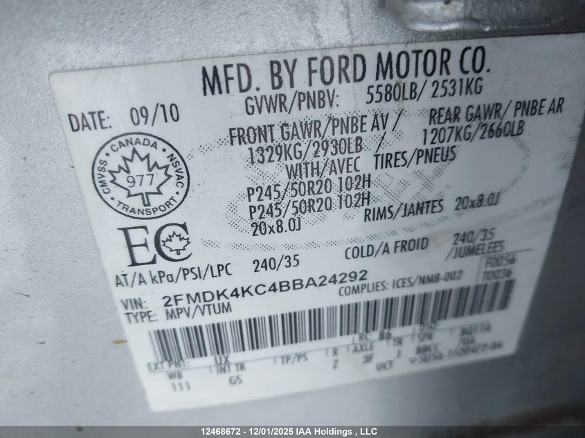 2FMDK4KC4BBA24292 2011 FORD EDGE photo no. 9