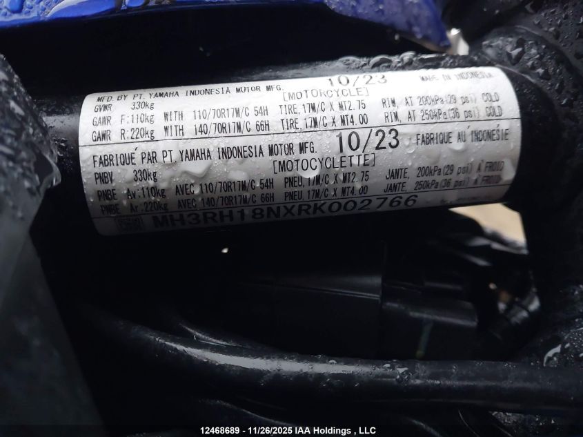 2024 Yamaha Yzfr3 A VIN: MH3RH18NXRK002766 Lot: 12468689