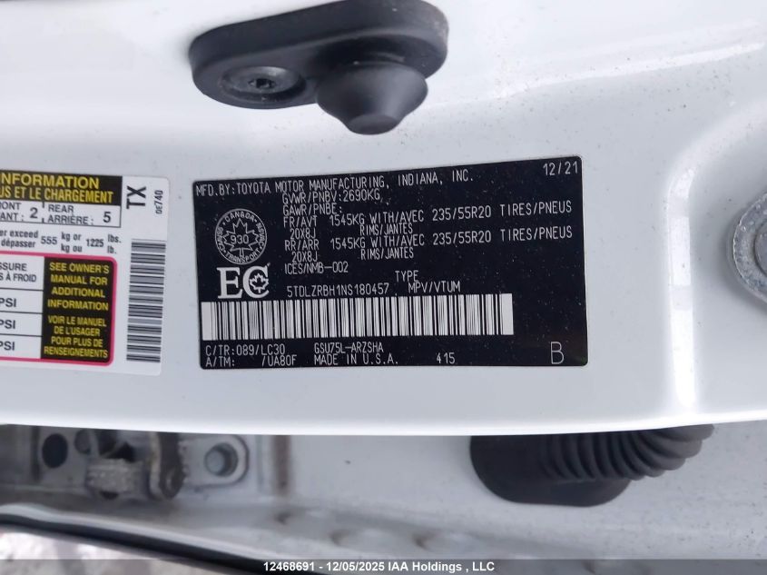 2022 Toyota Highlander Xse VIN: 5TDLZRBH1NS180457 Lot: 12468691