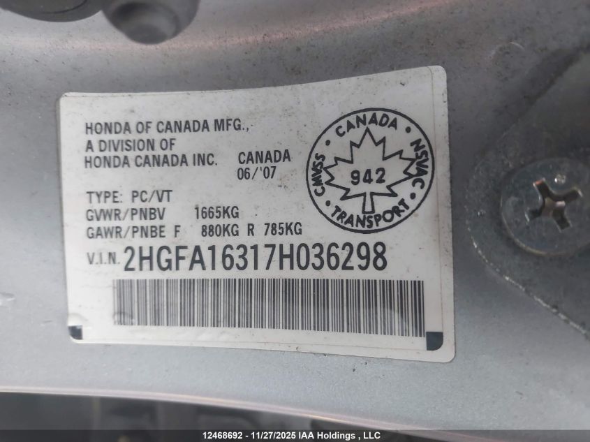 2007 Honda Civic Dx VIN: 2HGFA16317H036298 Lot: 12468692