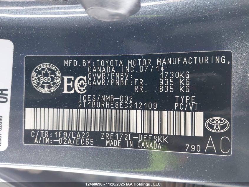 2T1BURHE8EC212109 2014 TOYOTA COROLLA photo no. 9