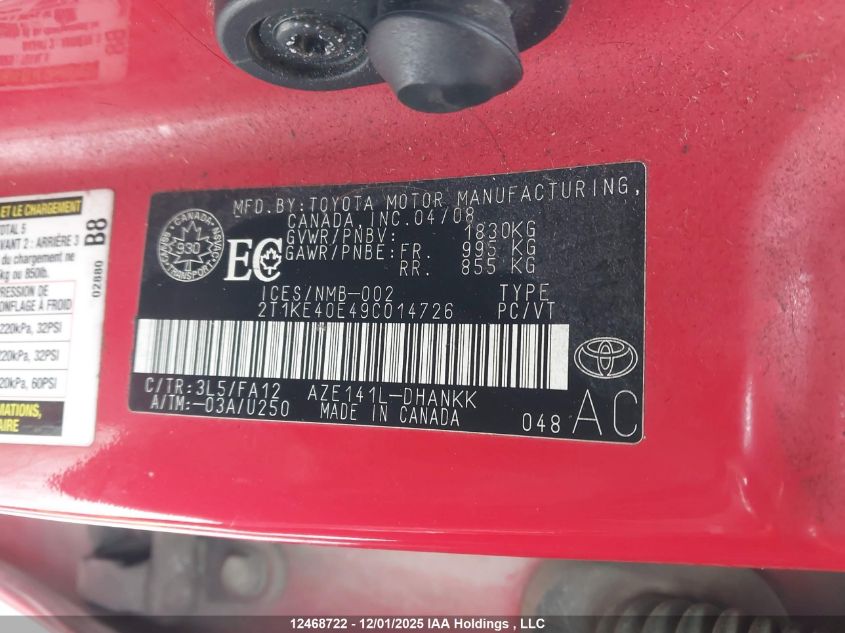 2009 Toyota Matrix Xr VIN: 2T1KE40E49C014726 Lot: 12468722