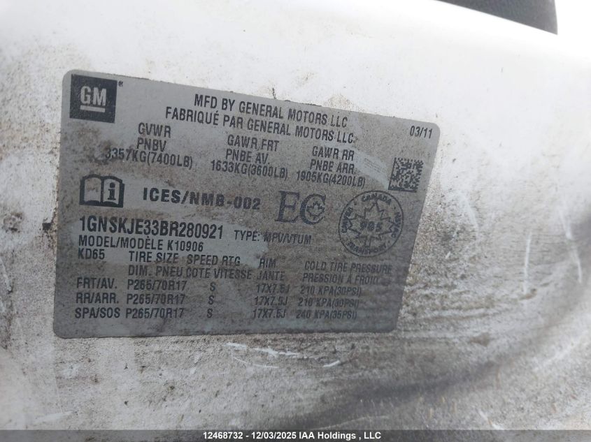 2011 Chevrolet Suburban 1500 Lt VIN: 1GNSKJE33BR280921 Lot: 12468732