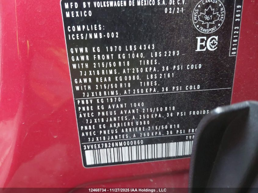 2022 Volkswagen Taos Comfortline VIN: 3VVEX7B26NM000860 Lot: 12468734