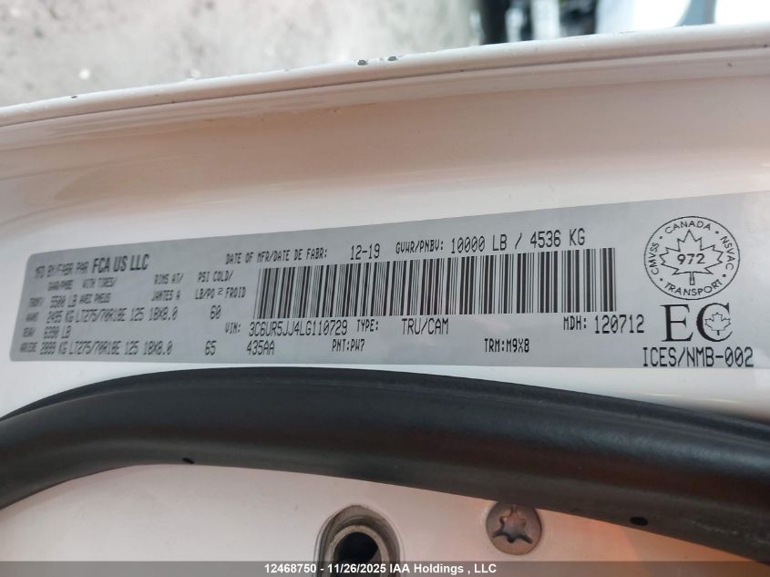 2020 Ram 2500 Big Horn VIN: 3C6UR5JJ4LG110729 Lot: 12468750