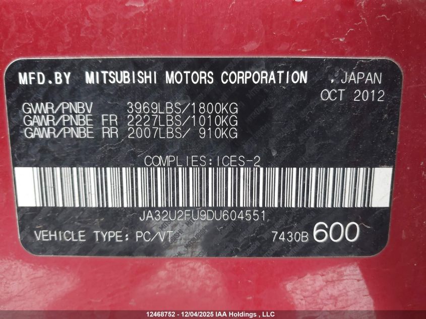 2013 Mitsubishi Lancer Se VIN: JA32U2FU9DU604551 Lot: 12468752