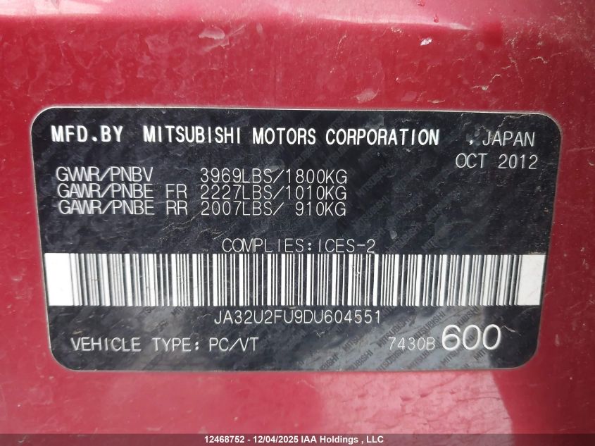 2013 Mitsubishi Lancer Se VIN: JA32U2FU9DU604551 Lot: 12468752