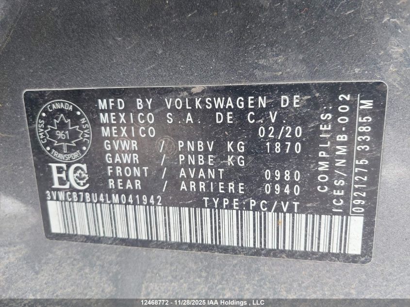 2020 Volkswagen Jetta S/Se/R-Line VIN: 3VWCB7BU4LM041942 Lot: 12468772