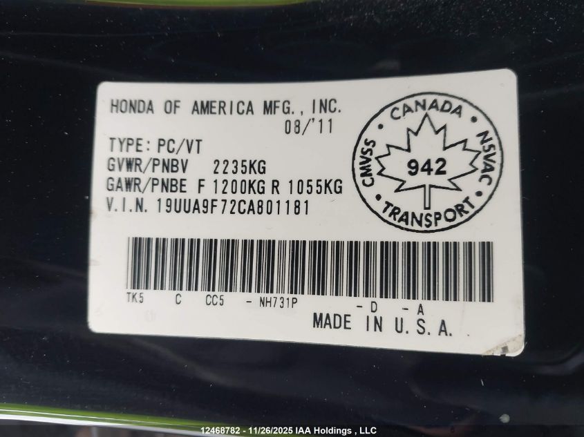 2012 Acura Tl Elite VIN: 19UUA9F72CA801181 Lot: 12468782