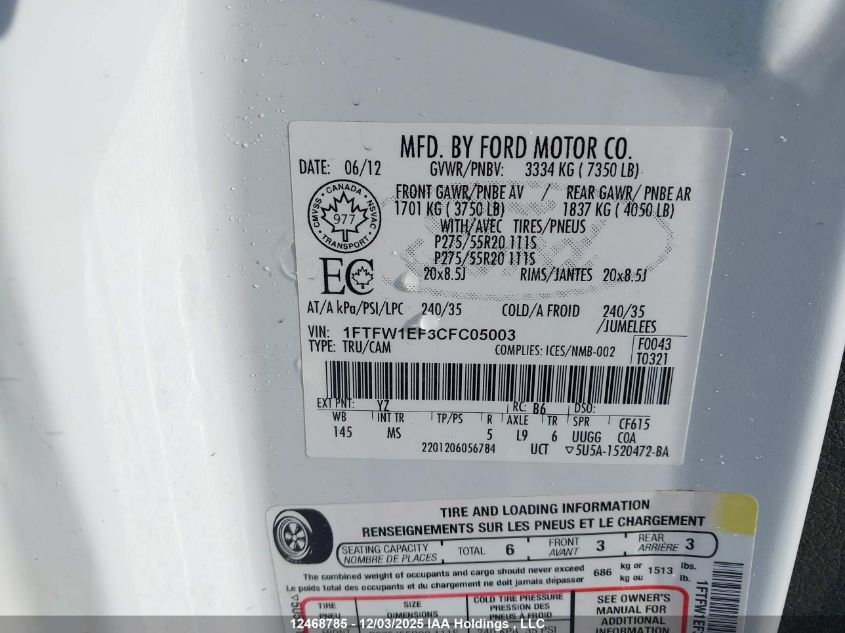 2012 Ford F150 Supercrew VIN: 1FTFW1EF3CFC05003 Lot: 12468785