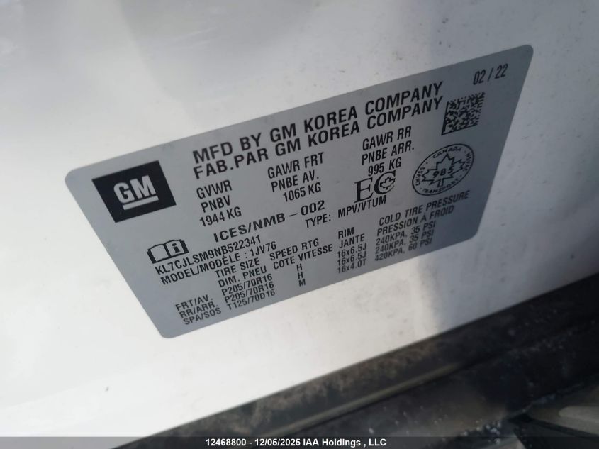 2022 Chevrolet Trax Lt VIN: KL7CJLSM9NB522341 Lot: 12468800