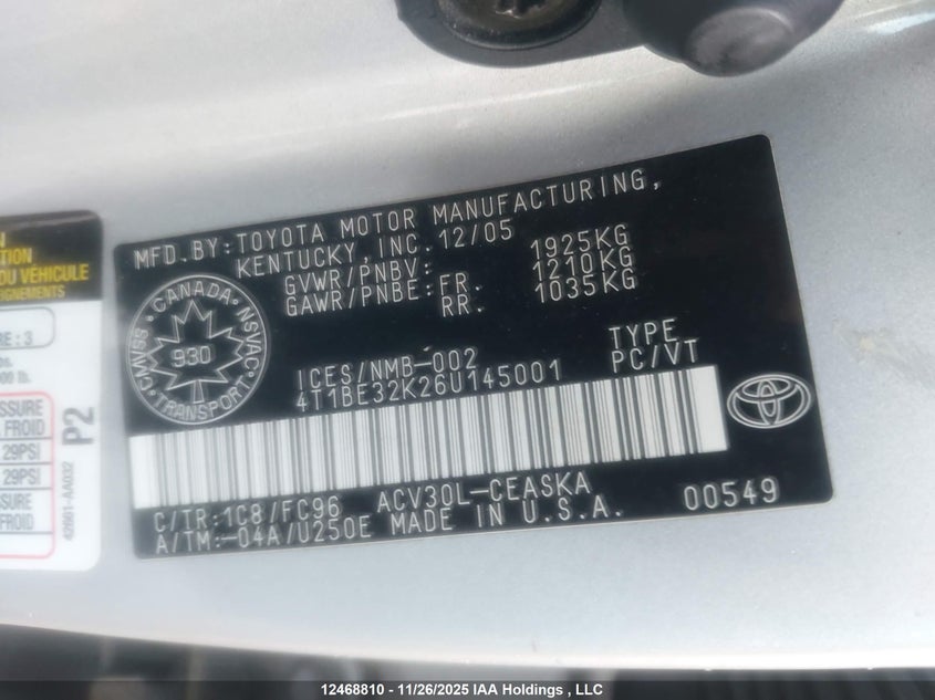 4T1BE32K26U145001 2006 TOYOTA CAMRY photo no. 9