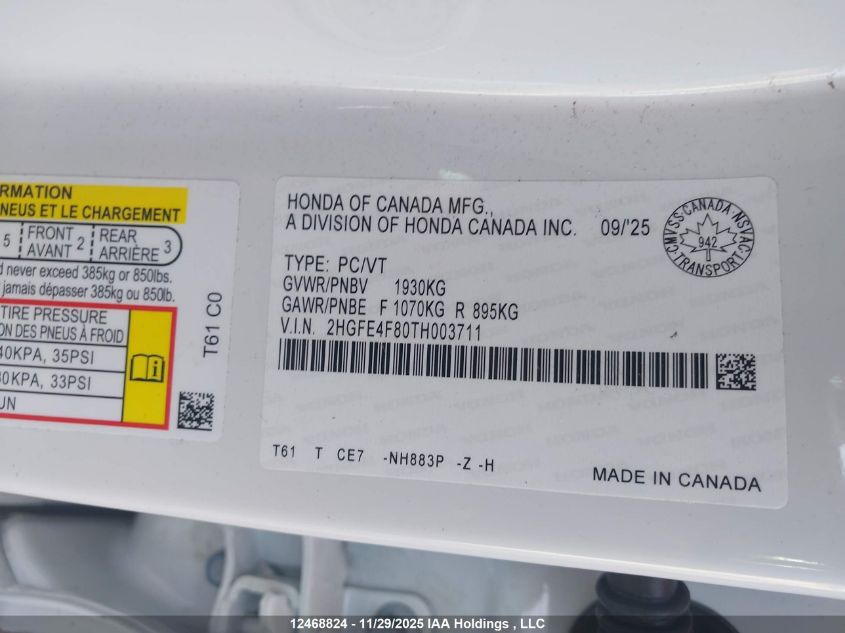 2HGFE4F80TH003711 2026 HONDA CIVIC photo no. 9