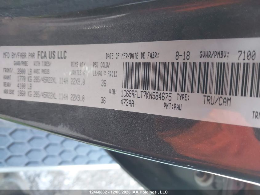 2019 Dodge Ram 1500 VIN: 1C6SRFLT7KN584675 Lot: 12468832