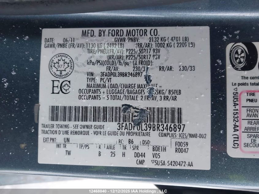 2011 Ford Fusion Hybrid Hybrid VIN: 3FADP0L39BR346897 Lot: 12468840