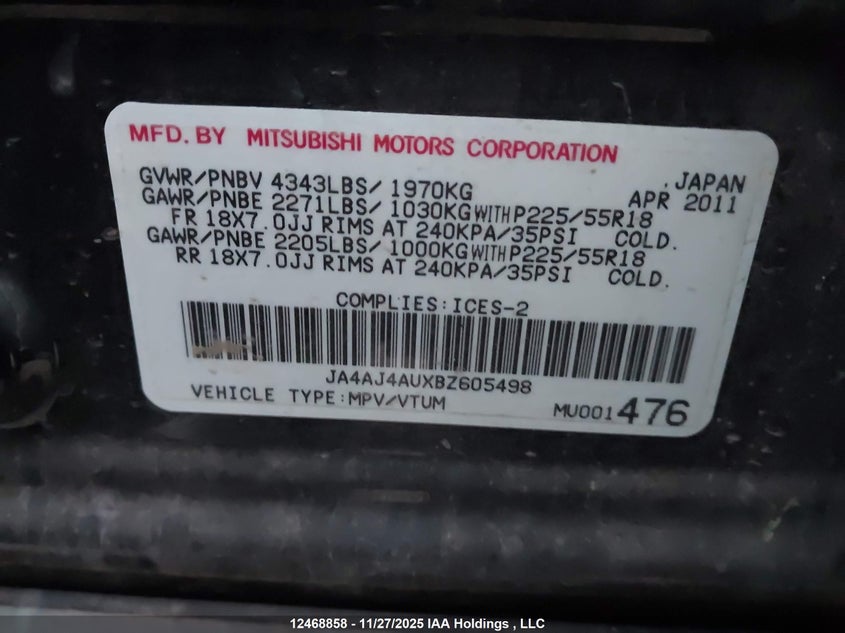 2011 Mitsubishi Rvr Gt VIN: JA4AJ4AUXBZ605498 Lot: 12468858