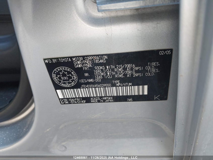 2005 Toyota Rav4 VIN: JTEHD20V456029550 Lot: 12468861