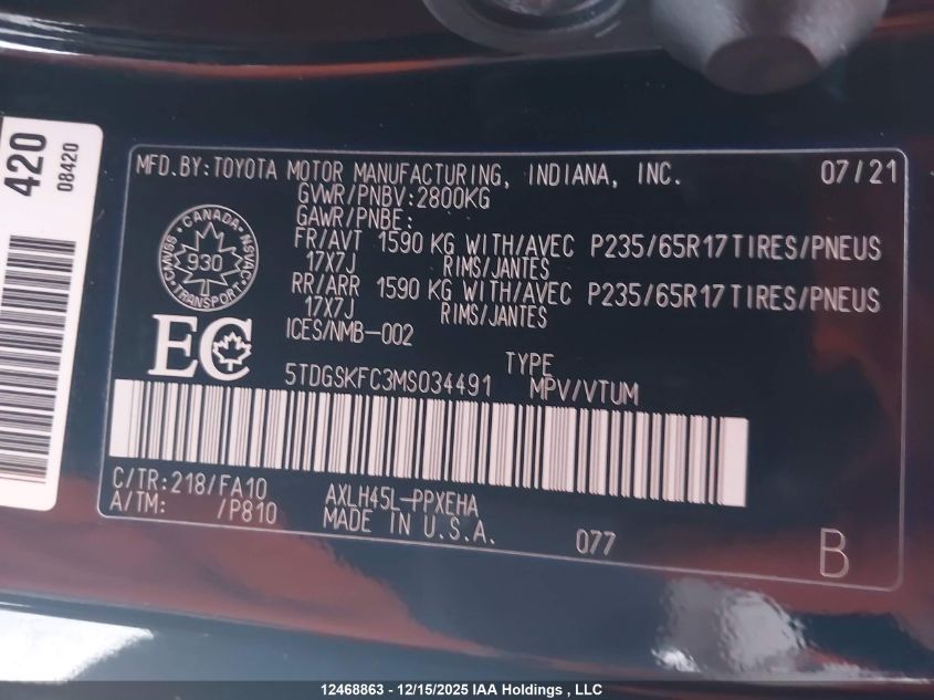 2021 Toyota Sienna Le 8-Passenger VIN: 5TDGSKFC3MS034491 Lot: 12468863